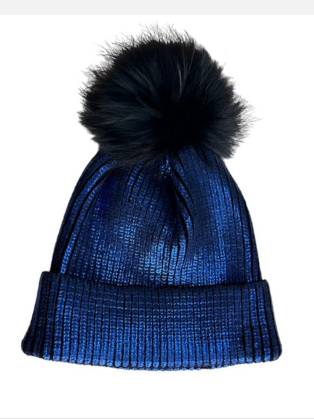 Adrienne Landau Dark Blue Metallic Beanie Black Fox Fur Pompom, preloved